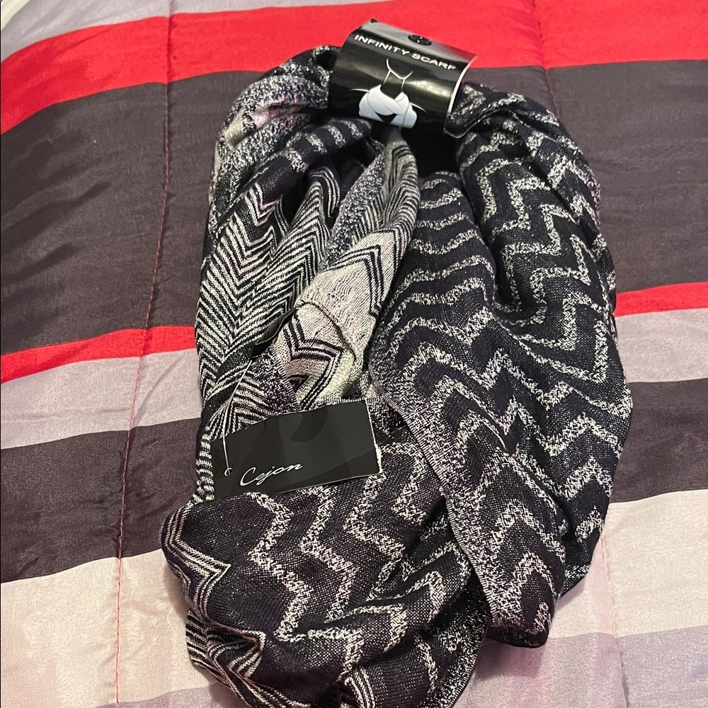 Chevron Patterned Black and Gray Infinity Scarf by Cejon - New with Tags!!